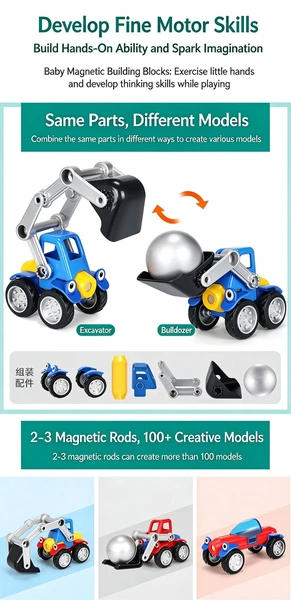 Kids DIY Magnetic Construction Vehicle Toy Set, 3D Magnet Stick & Metal Ball Assemble Engineering Car STEM Building Blocks
