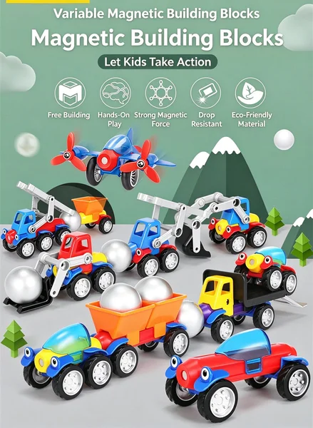Kids DIY Magnetic Construction Vehicle Toy Set, 3D Magnet Stick & Metal Ball Assemble Engineering Car STEM Building Blocks