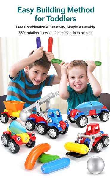 Kids DIY Magnetic Construction Vehicle Toy Set, 3D Magnet Stick & Metal Ball Assemble Engineering Car STEM Building Blocks