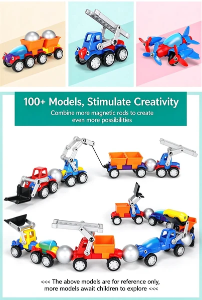 Kids DIY Magnetic Construction Vehicle Toy Set, 3D Magnet Stick & Metal Ball Assemble Engineering Car STEM Building Blocks